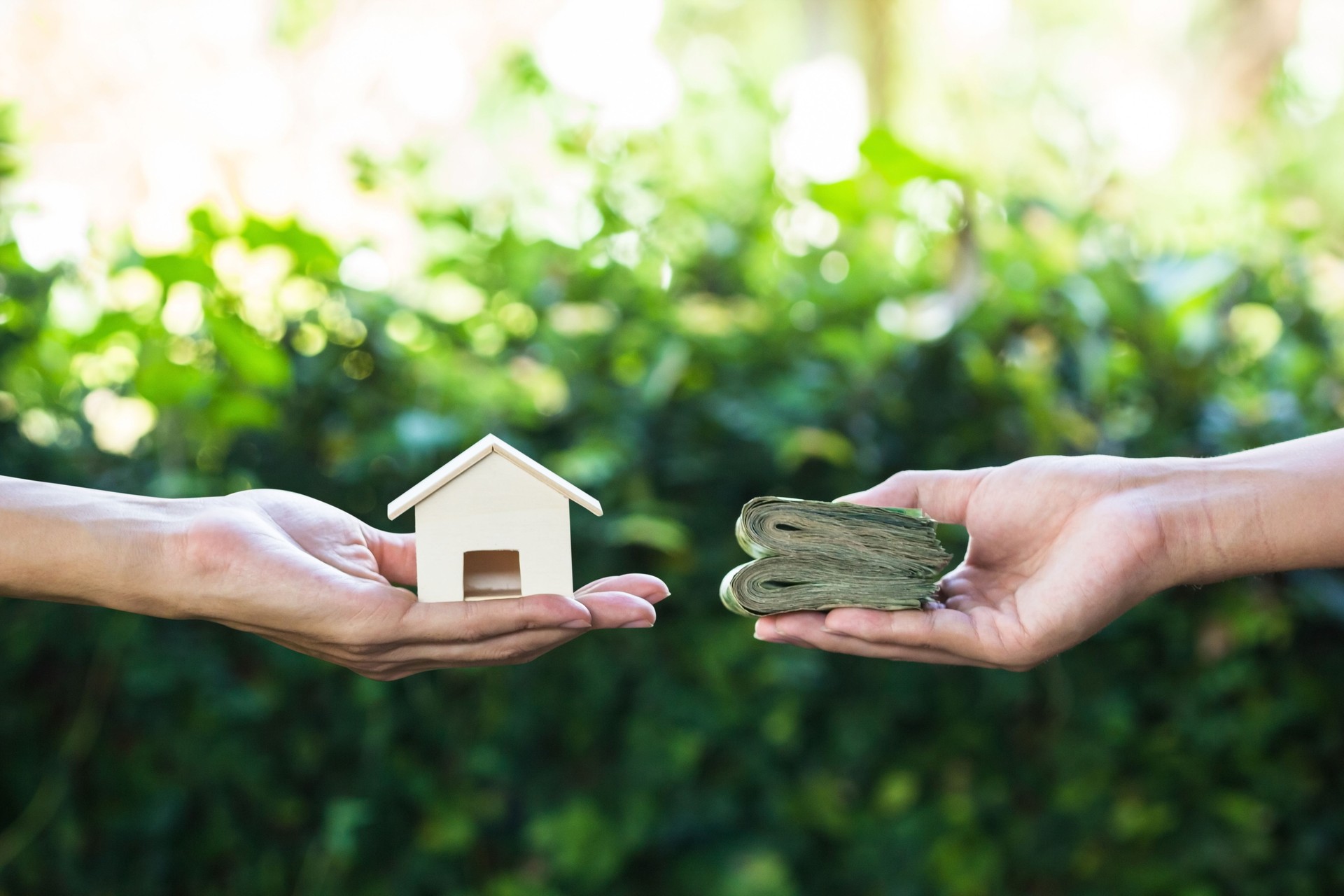 Hand holding home model change to money with green nature as background.